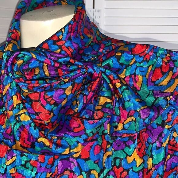Vintage Colorful Abstract Satin Button Down Bow Tie Blouse Large - Picture 2 of 16